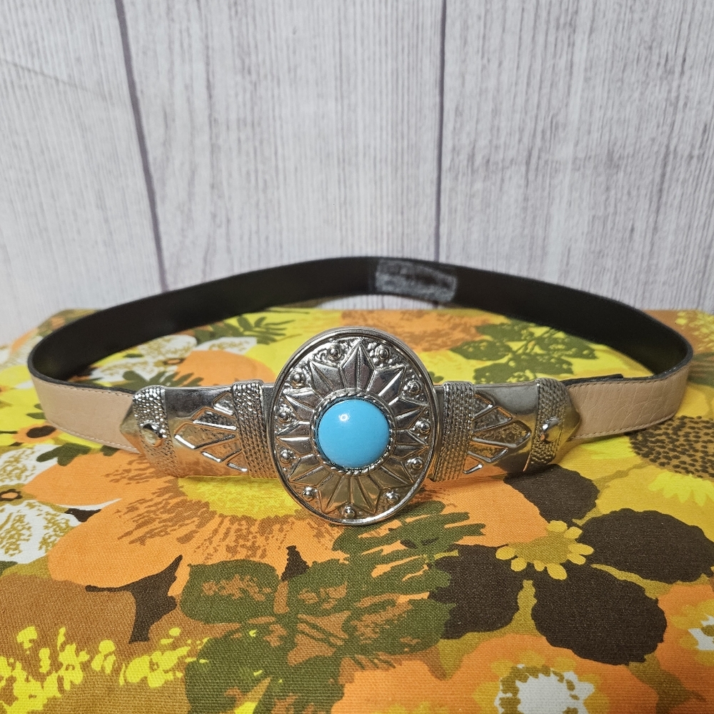 VTG Revear Wear Silvertone & Turquoise Western Belt, 30.5"
